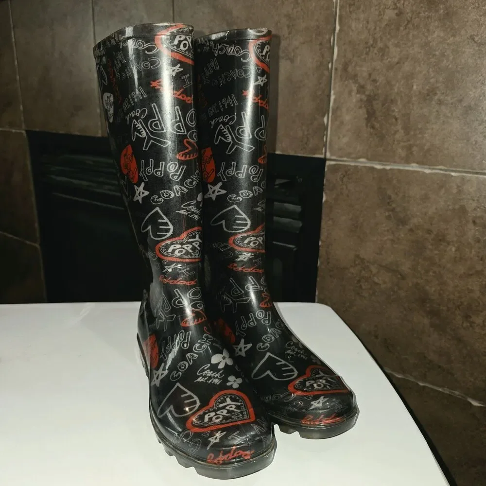 COACH POPPY Pixy Sz 6 Jelly Black All Over Logo ❤️ Outdoor Mud Rubber Rain Boots